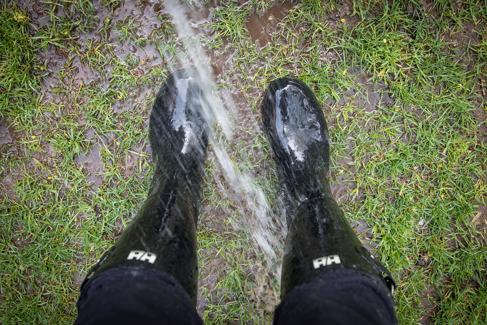 Comfort: warm water washing over muddy rubber boots.